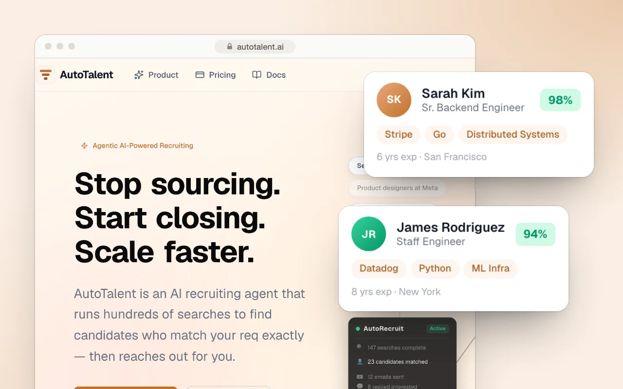 AutoTalent's landing page, with two matched candidates and their match scores