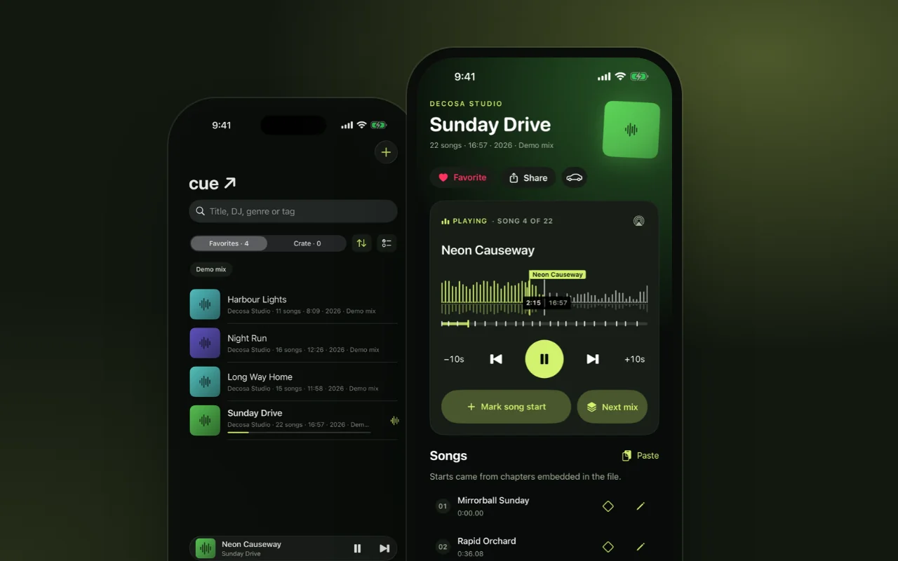 Cue on iPhone: the library of licence-clean demo mixes, and Sunday Drive playing, song 4 of 22, with a tick at every song start