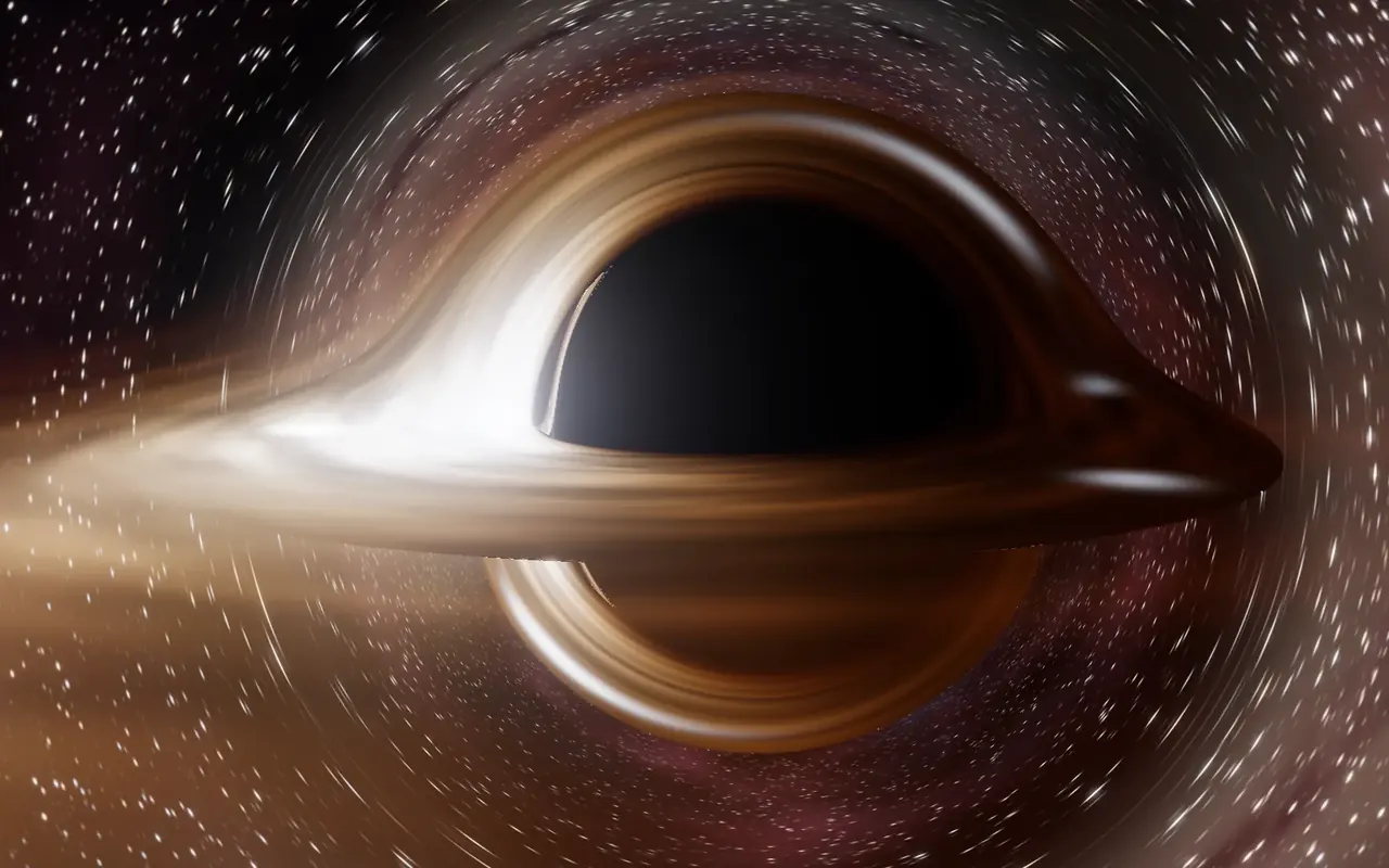 Everdust, rendered by its own engine: a black hole's glowing accretion disc bending the starlight around it