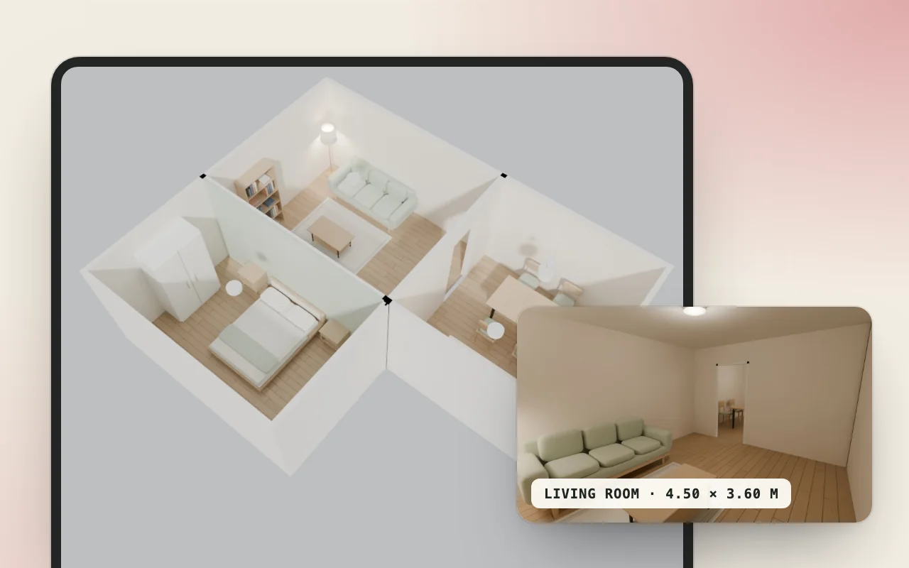 A synthetic three-room home rendered by Snug from above, with the living room (4.50 × 3.60 m) from inside